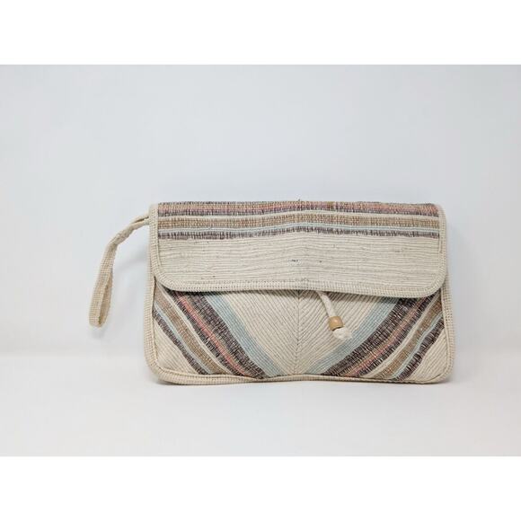 Vintage Handbags - Vintage 80s Clutch Purse Beige Colorful Stripe Woven Bag